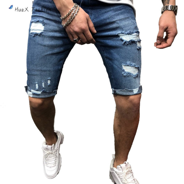 huax-กางเกงยีนส์ขาตรงเอวกลางคร็อปแพนท์แบบลำลองสำหรับใส่ไปทะเลสำหรับใส่-celana-pendek-denim-ผู้ชายแฟชั่นฤดูร้อนเข้ารูปพอดี