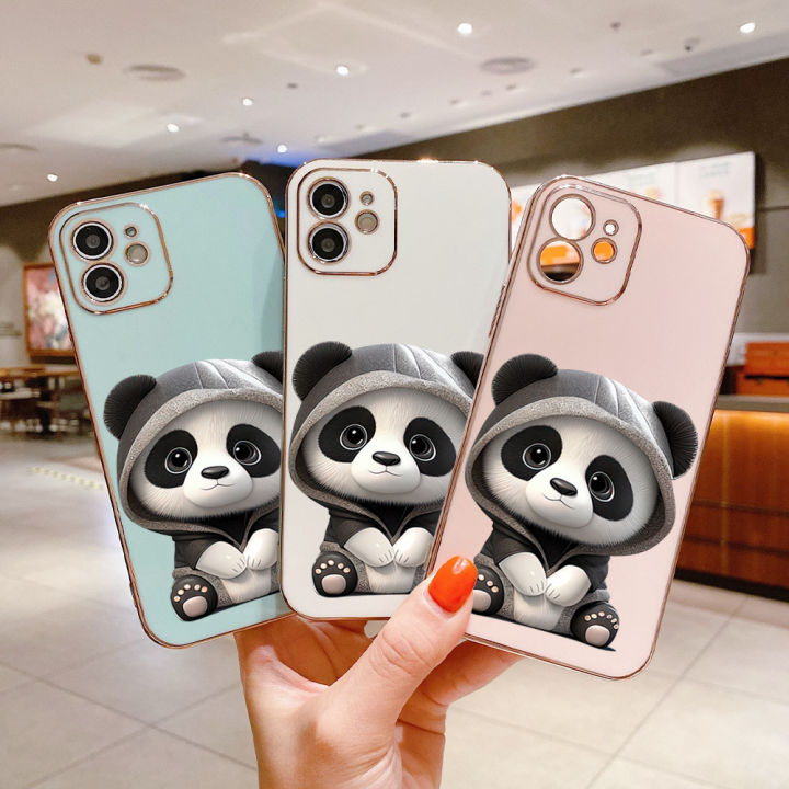 เคสโทรศัพท์สำหรับ-oppo-a58-4g-เคส-oppoa58สำหรับเด็กหญิงเด็กชายพร้อมฟรีสายคล้อง-การ์ตูนแพนด้าน่ารักปลอกขอบสี่เหลี่ยมชุบหรูหราปกหลัง