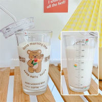 Korea Ins Simple Cute Bear Bunny Graduated Glass Straw Cup with Lid Handy Cup Cartoon Student Water Cup Kawaii Glass Cup