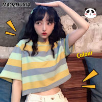 MAOZHUXIA เสื้อยืดผู้หญิงใหม่รุ่นเกาหลีแบบหลวมสายรุ้งลายนักเรียน Crop Top แขนสั้นเสื้อยืด