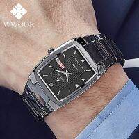 （Bar watchband）WWOOR นาฬิกาควอตซ์แฟชั่นสำหรับผู้ชาย,นาฬิกาข้อมือสีดำเต็มรูปแบบกันน้ำแนวธุรกิจกีฬานาฬิกาควอตซ์นาฬิกาแสดงตัวเลขวันสแควร์