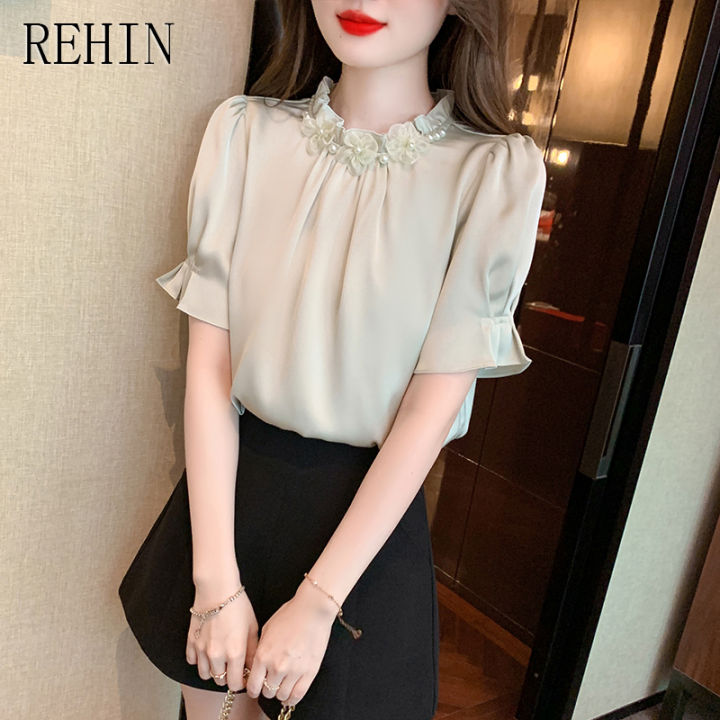 rehin-เสื้อผู้หญิงสำหรับฤดูร้อน-เสื้อเสื้อผู้หญิงแขนสั้นซาตินคอปกดอกไม้แบบใหม่