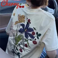 Cherry 2363เสื้อยืดแขนสั้นผู้หญิงสีขาว ฤดูร้อนใหม่ เสื้อคอกลมเอนกประสงค์ oversize t-shirt พิมพ์วินเทจ