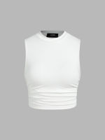 Cider K-POP เสื้อกล้ามครอปท็อปผู้หญิง เสื้อแฟชั่นผญ ลุคสตรีท สไตล์เกาหลีSolid Sleeveless Ruched Crop Top