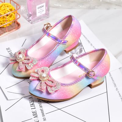 Girls Leather Princess Shoes 2023 Childrens Shoes Round-Toe Soft-Sole Girls High Heel Princess Crystal Party Dance Shoes