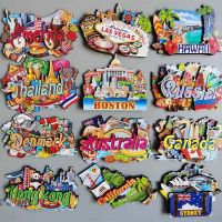 ✻✈♝ Wooden Refrigerator Magnet Travel Souvenir United States Barcelona Russia Canada Thailand Denmark Magnetic Fridge Sticker