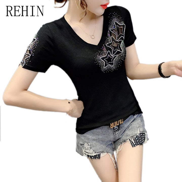 rehin-เสื้อยืดแขนสั้นผู้หญิง-เสื้อยืดแขนสั้นเข้ารูปและยืดหยุ่น-s-xl-ฤดูร้อน
