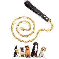 【LZ】 4.5FT Metal Dog Lead Stainless Steel Chain 18K Gold Pet Leash with Leather Handle Training For Medium Large Dog