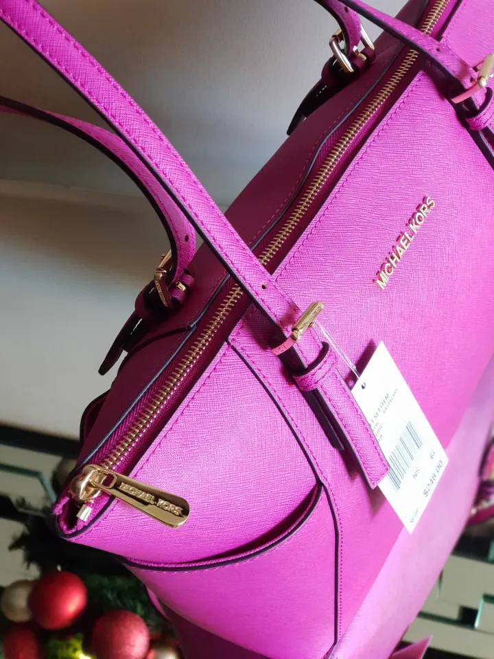 Authentic Michael Kors Jet Set Medium Crossgrain Pocketed Top Zip Classic  Leather Tote Bag - Fuschia Pink