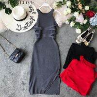 【Ladies shop】 OCEANLOVE Vestidos แข็งถักยืด Bodycon2020SleevelessDresses เกาหลีเสื้อคลุมเอวสูง F Emme 11839