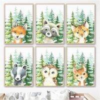 ภาพสัตว์นอร์ดิกสำหรับตกแต่งห้องเด็ก-Fox Raccoon Forest ภาพวาดการ์ตูน Art Decor โปสเตอร์ภาพวาดผ้าใบ