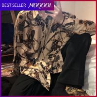 MOQOOL ชุดฉบับภาษาเกาหลีเสื้อเชิ้ตลำลองสำหรับผู้ชาย,แขนยาวลำลองทรงหลวมพิมพ์ลายไฮเอนด์