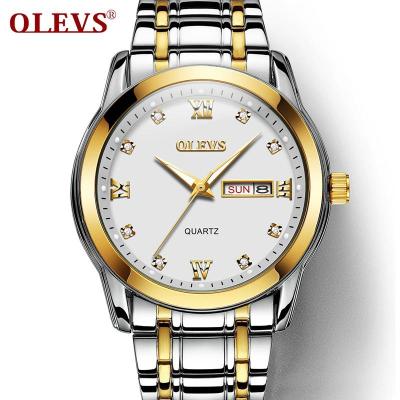 OLEVS นาฬิกาผู้ชายเหล็กกล้าไร้สนิมหนักวันที่และสัปดาห์,นาฬิกาข้อมือควอตซ์ของผู้ชายกันน้ำเรืองแสง8691นาฬิกาข้อมือสำหรับผู้ชาย
