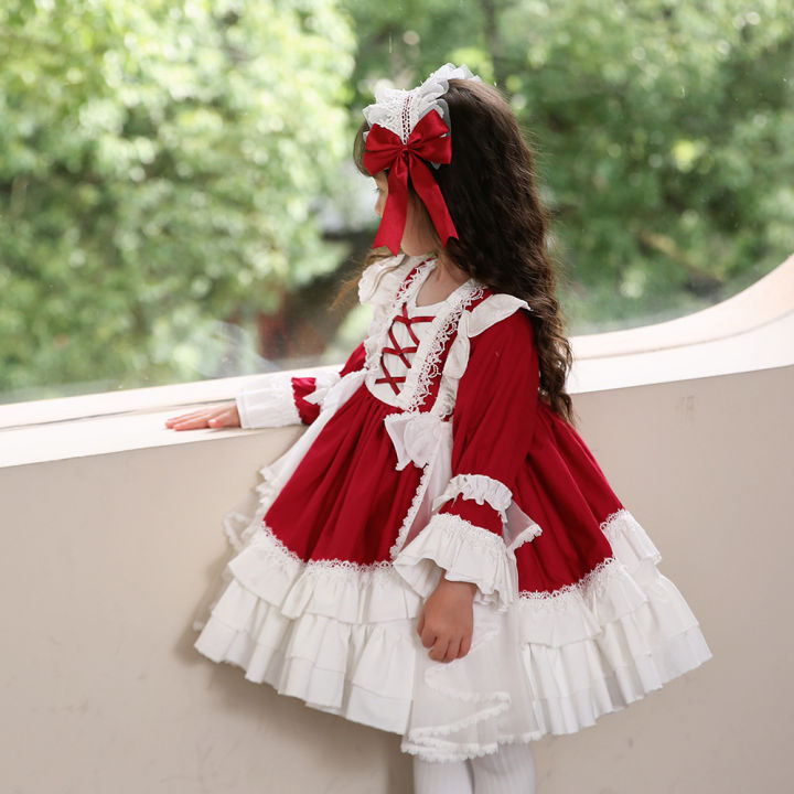 zhiya-กระโปรง2022เด็กผู้หญิง-กระโปรงเจ้าหญิงโลลิต้าผ้าคอตตอนสีแดง