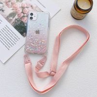 เคส TPU แบบซิลิโคนนิ่มพร้อมสายคล้องสายพาดลำตัวเคสโทรศัพท์แบบใสกากเพชรส่องแสงเป็นประกายวิบวับสำหรับ iPhone 13 12 Mini 14 11 Pro Max Plus XS X XR