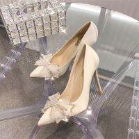 Womens High Heels Shoes 2024 New Fashion Temperament Bow Rhinestone Pointed Wedding Shoes Bride  Designers Shoes Party Shoes