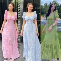 TT17975 เดรสยาว สายผูกคลอคอ แขนตุ๊กา กระโปรงบาน Long dress, neck strap, neck, doll sleeves, flared skirt..