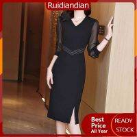 Ruidiandian ชุดเดรส L-4XL สำหรับกระโปรงสั้นมื้อค่ำสีดำ,ชุดเดรสคอวีสามส่วนแขนเสื้อแขนยาวสตรีใหม่ Baju Perempuan ผ้าตาข่ายระบายอากาศฤดูใบไม้ผลิกระโปรงผ่าขนาดใหญ่กระโปรงฮิปสเตอร์