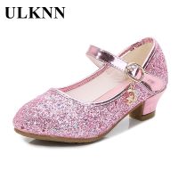 【hot】◐  ULKNN Kids Heel Shoes Leather Pink Glitter Children 2023 Knot size 26-38