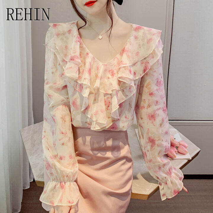 rehin-เสื้อเชิ้ตผู้หญิงแขนกระดิ่งคอวีแต่งระบายลายดอกไม้-เสื้อแขนยาวแฟชั่นใหม่ฤดูใบไม้ผลิ