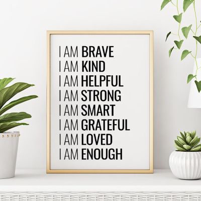 I am Brave Motivational Quote Poster and Print Canvas Painting Black White I am Enough Affirmations Wall Minimalist Room Decor Wall Décor