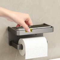 ∈☏☁ Nail free Wall Mounted Black Toilet Paper Holder Tissue Roll Holder With Phone Storage Shelf Bathroom Accessories