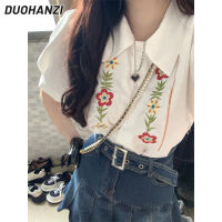 DUOHANZI เสื้อเชิ้ตแขนสั้นสำหรับผู้หญิง,เสื้อเชิ้ตแขนพองสไตล์ฝรั่งเศสปักลาย2023เสื้อเอวลอยเสื้อโปโล