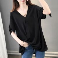 COD dhdfxcz 【40-150KG】 Women V-neck Short Sleeved Chiffon Blouse Plus Size Plain Loose Top C9390