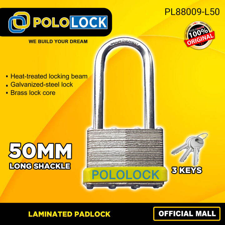 Pololock 50mm Laminated Padlock Long Shackle With 3PCS Brass Key Door