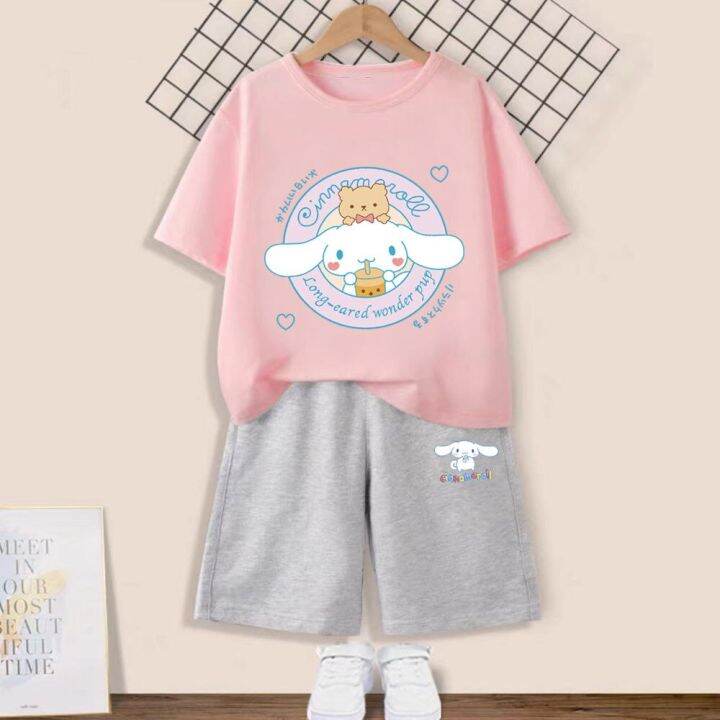 kuromi-cinnamoroll-เสื้อยืดเด็กกางเกงขาสั้น2ชิ้น-เซ็ตน่ารัก-sanrio-anrio-อนิเมะเสื้อผ้าลำลองเด็กผู้หญิงเด็กผู้ชายของขวัญกีฬา