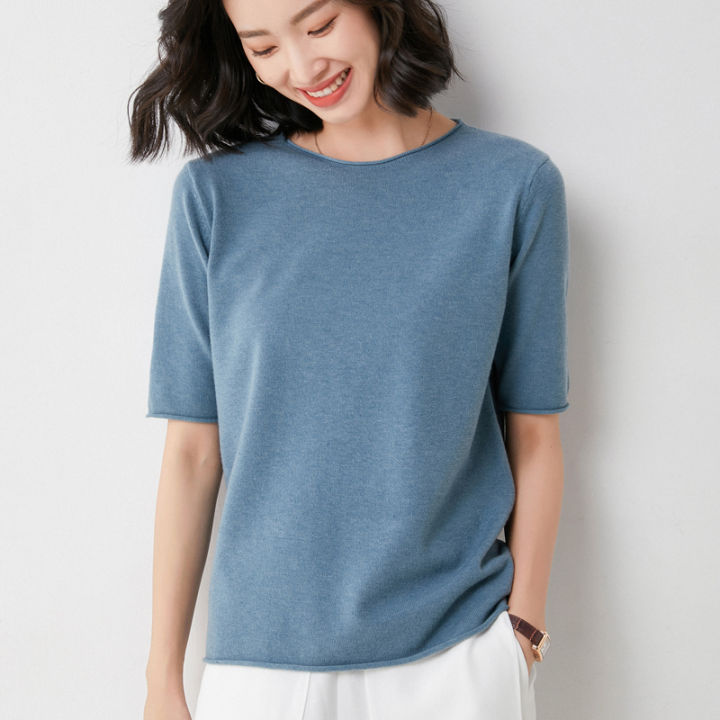 rolled-round-neck-loose-five-quarter-sleeve-top-womens-summer-mid-sleeve-wool-knitted-sweater-t-shirt-suit-with-short-sleeves