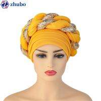 ZHUBO ล่าสุด สำหรับผู้หญิง Aso Oke Headtie แอฟริกันออโต้ Geles ผ้าโพกหัว หมวกแต่งงานฮิญาบ หมวกผ้าโพกหัว มุสลิม Headscarf แอฟริกัน Headtie