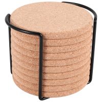 Round Cork Coasters for Drinks,with Metal Holder Storage Caddy,Reusable Saucers for Cold Drinks Wine Glasses Cup