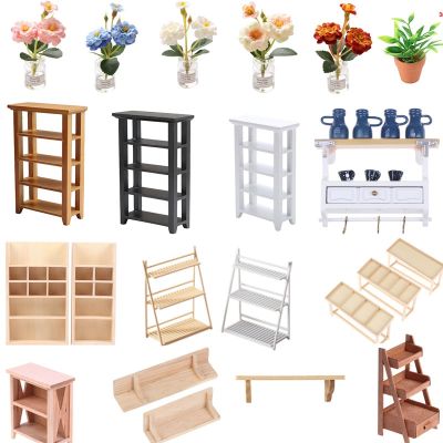 1/12 Dollhouse Miniature Bookcase Potted plants beverage Display Storage Shelf Modern Style Doll House Furniture Toys