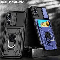 [2023ใหม่] KEYSION เคสเกราะกันกระแทกสำหรับ OPPO A17กระเป๋าช่องใส่การ์ดสไลด์ป้องกันเลนส์กล้องขาตั้งโทรศัพท์ด้านหลังโทรศัพท์เคสสำหรับ OPPO A17K