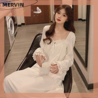 [MERVIN]?[HOT SALE]?? ชุดนอนแขนยาวลูกไม้สีขาวสำหรับผู้หญิงชุดนอนมีระบาย