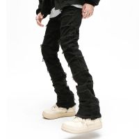 【CC】✌﹊  Mens Patchwork Flared Pants Grunge Stacked Ripped Trousers Straight  Y2k Baggy Washed Faded Jeans for Men