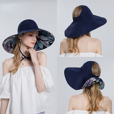 [hot]Womens Visor Hat Two-sided Fisherman Hat Cotton Foldable Basin Hat Oversized Brim Bucket Hat Summer Sun Cap Empty Top Hat