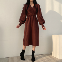 OCEANLOVE Fake 2 Pcs Robe Femme Knitting Bandage Solid V Neck Lantern Sleeve Women Dresses Korean Chic Autumn Winter Vestidos