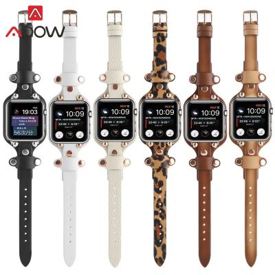 ۩ สายหนังแท้สำหรับ Apple Watch iwatch 7 6 5 4 3 2 SE 41mm 45mm 40mm 44mm 38mm 42mm Slim Women Rivet Replacement Band Belt