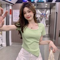 Green Short Sleeve Shoulder T-Shirt Womens Short Slimming Irregular Design Summer Sweet And Spicy Chic Beautiful Top