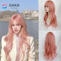 GAKA Role Play Pink Blonde Gradient Long Curly Synthetic Wig with Bangs Deep Wave Lolita Hair Womens Halloween Party Heat Resis