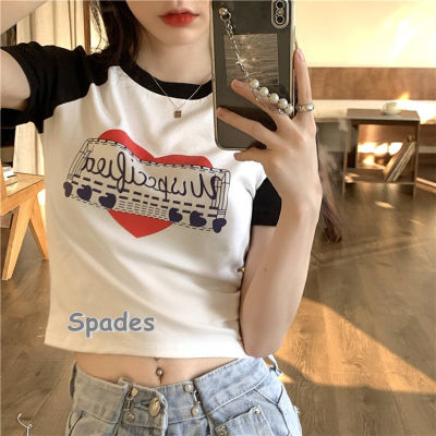 Spades_เสื้อยืดสตรีอินเทรนด์ขาสั้นสลิมฟิตและแขนสั้นพิมพ์ลาย (T1050)