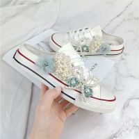 ☈  The new spring and summer 2023 heelless canvas shoes female pearl flower student leisure with fashionable joker slippers