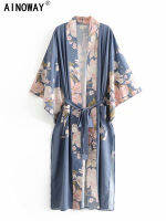 Vintage นกยูงดอกไม้พิมพ์ Sashes ผู้หญิงโบฮีเมียน V คอ Batwing แขน Lady Happie Beach Boho Robe บิกินี่ Cover-Ups