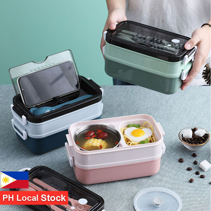 Microwave Safe Plastic Divided Lunch Box With Soup Bowl And Utensils,  Portable Meal Tray For Students And Office Workers, 1set