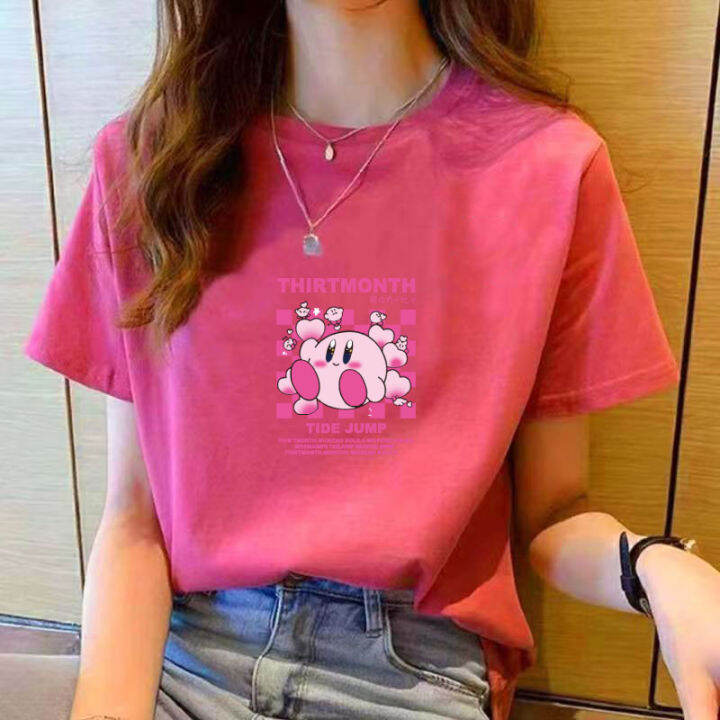 เสื้อยืดสำหรับผู้หญิงคอกลมแขนสั้นพิมพ์ลายการ์ตูนสีดำลำลองใหม่ฤดูร้อนเสื้อแฟชั่นสำหรับผู้หญิงหลวมง่ายสไตล์เกาหลี