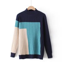 【มีไซส์ใหญ่】Plus Size Womens Patchwork Knitted Blue Sweaters Long Sleeved Casual Slim Pullovers