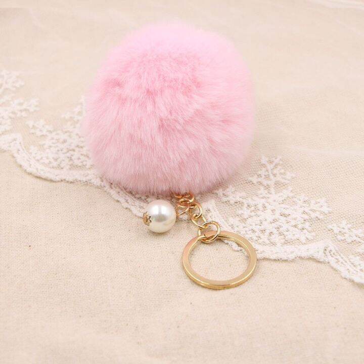 new-women-fur-key-chain-car-keychain-pom-pom-8cm-pompom-25-colors-with-pearl-bag-charm-cute-car-key-ring-jewelry-keychains-key-chains