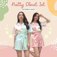 PATTERN.P SHOP  SET020 : Natty Closet Set  ชุดเซทผ้าซาตินเนื้อดีใส่สบายโทนสีพาสเทลทูโทน (เซท 2 ชิ้นมีสายคาดเอว)